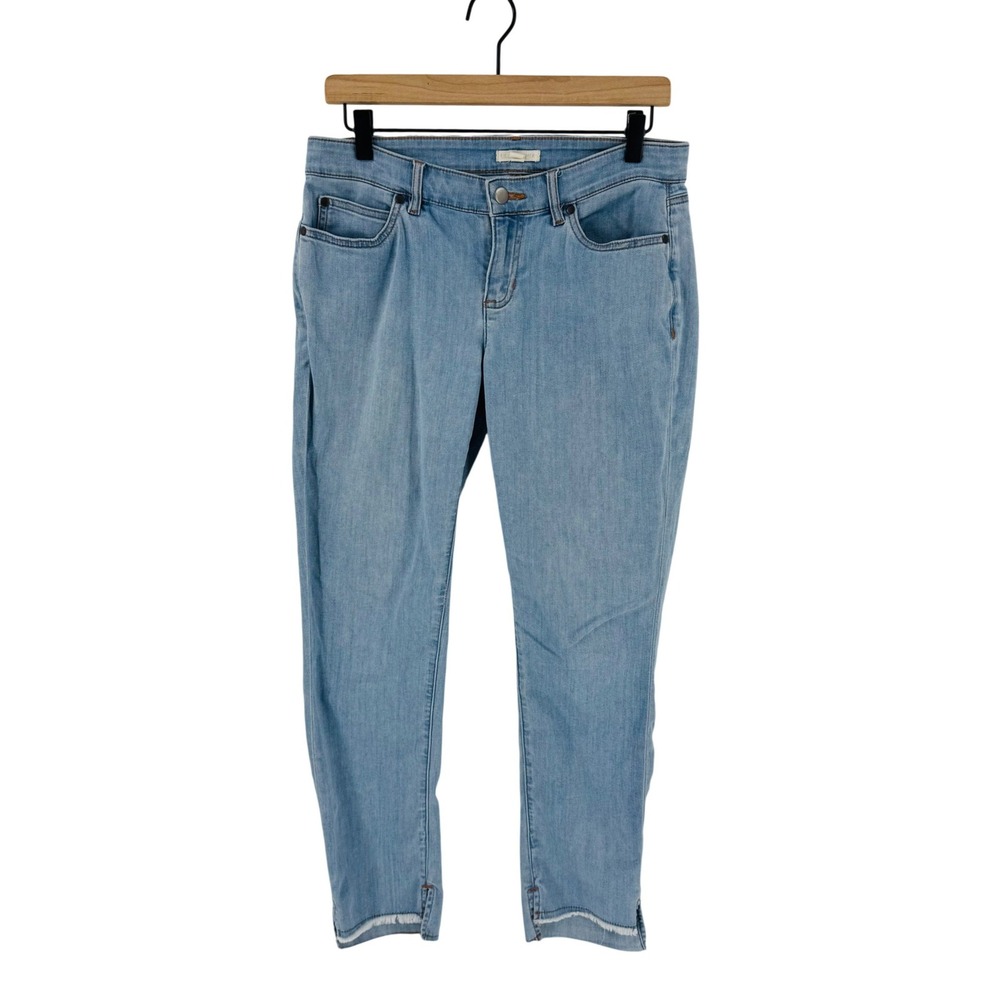 Eileen Fisher Skinny Jeans Light Wash Size 4 Raw Frayed Hem Side Slit Denim